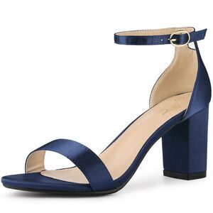 Open Toe High Heel Ankle Strap Satin Navy Blue Block Heels Sandals